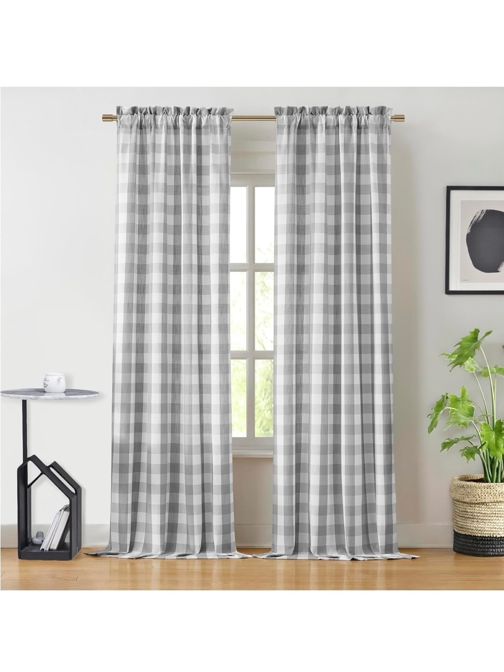 Gray Plaid Rod Pocket Window Curtains - Set of 2